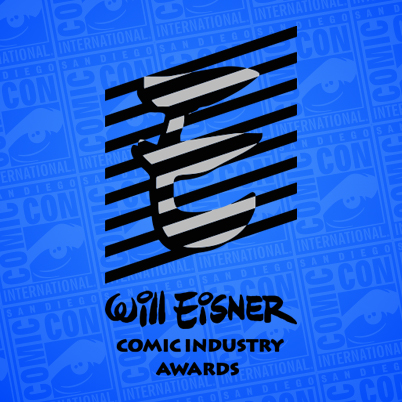Will Eisner Comic Industry Awards logo on a background of the San Diego Comic Con logo.