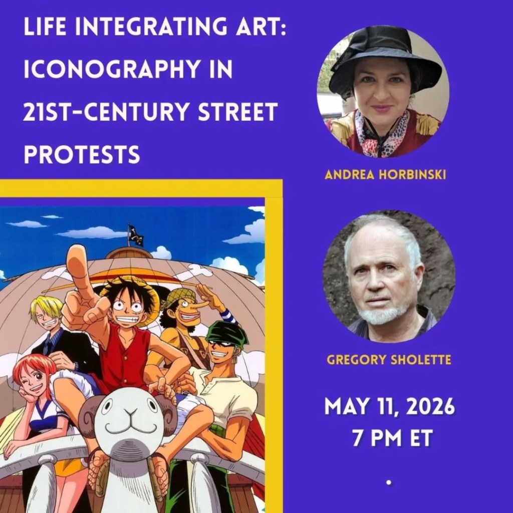 Ad for a conversation between me and Gregory Sholette featuring an image from the One Piece anime.